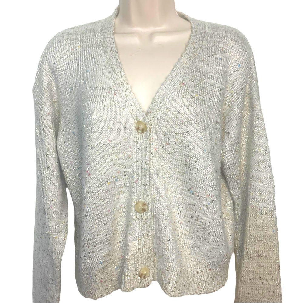 Current Air Sequined speckled champagne beige cropped cardigan‎ sweater sz XS